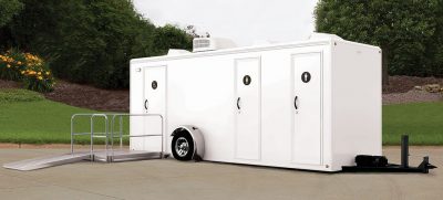 The Assistant restroom trailer is especially friendly for guests with disabilities, and features grab handrails and wheelchair access.